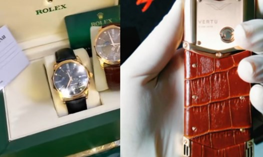 Đồng hồ dán nhãn Rolex và điện thoại dán nhán Vertu có giá 1-2 triệu đồng rao bán trên Tiktok Shop. Ảnh chụp màn hình