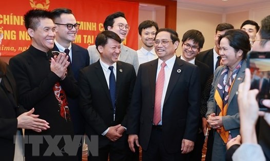 Thủ tướng Phạm Minh Chính với cộng đồng người Việt Nam tại Nhật Bản. Ảnh: TTXVN