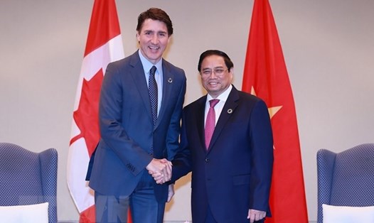 Thủ tướng Phạm Minh Chính và Thủ tướng Justin Trudeau bày tỏ ấn tượng trước tiến triển tốt đẹp trong quan hệ Đối tác toàn diện Việt Nam - Canada. Ảnh: TTXVN