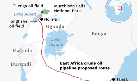 Đường ống dẫn dầu Đông Phi (EACOP) dự kiến vận chuyển dầu thô từ hai mỏ dầu tại hồ Albert ở tây bắc Uganda đến cảng Tanga ở Tanzania trên Ấn Độ Dương. Ảnh: China Dialogue