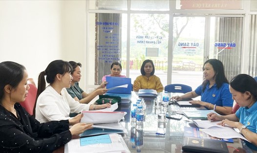 Liên đoàn Lao động quận Hoàng Mai thực hiện kiểm tra chấp hành Điều lệ Công đoàn Việt Nam tại một Công đoàn cơ sở khối trường học. Ảnh: CĐCS