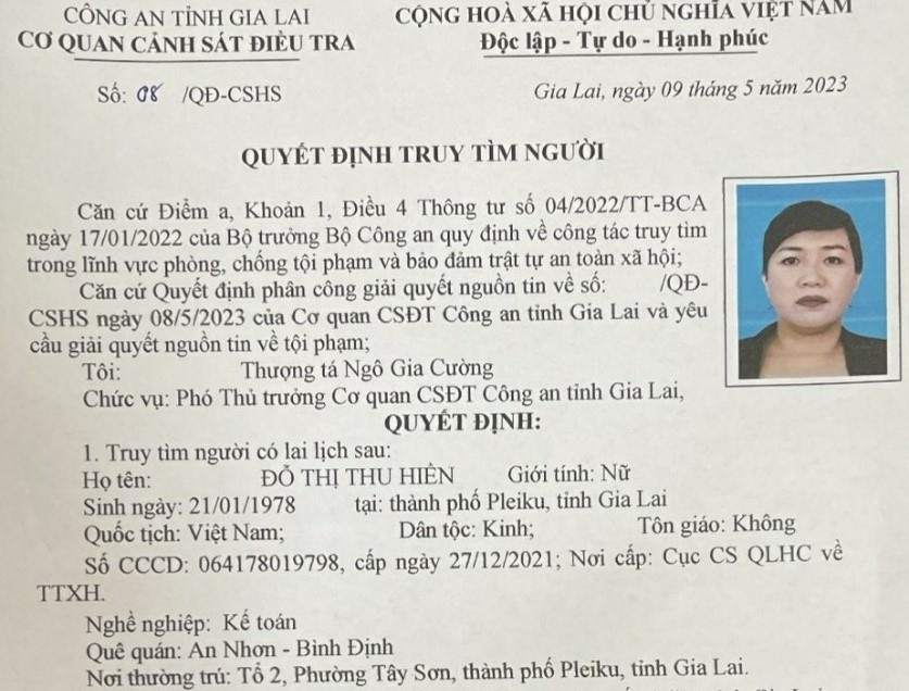 Trước đó, Cơ quan Cảnh sát điều tra ra quyết định truy nữ kế toán bỏ trốn. Ảnh: Thanh Tuấn