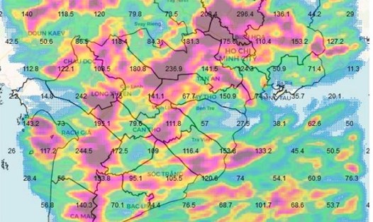 Bản đồ dự báo mưa từ 13h ngày 27.5 đến 13h ngày 29.5 ở khu vực Nam Bộ. Ảnh chụp màn hình