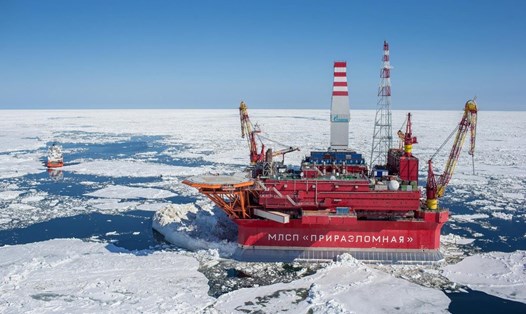 Giàn khoan dầu của Nga ngoài khơi Bắc Cực ở biển Pechora, phía nam Novaya Zemlya, Nga. Ảnh: Gazprom