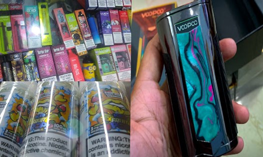 Nhiều loại thuốc lá điện tử khác nhau được bày bán. Ảnh: Hạ Mây