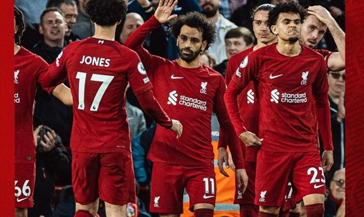 Các cầu thủ Liverpool ăn mừng bàn thắng của Mohamed Salah.  Ảnh: CLB Liverpool