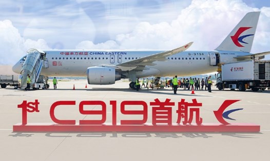 Máy bay C919 của Trung Quốc hoàn thành chuyến bay thương mại đầu tiên hôm 28.5.2023. Ảnh: Xinhua
