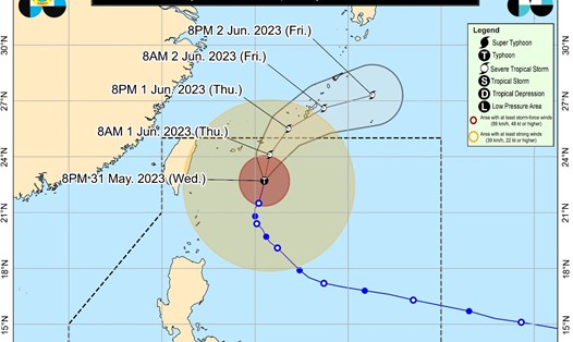 Dự báo đường đi của bão Mawar (Betty) từ 8 giờ tối 31.5 đến 8 giờ tối 2.6.2023. Ảnh: PASAGA