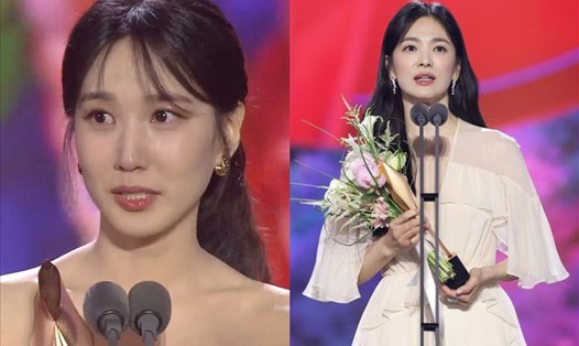 Park Eun Bin và Song Hye Kyo nhận giải tại Baeksang 2023. Ảnh: JTBC News
