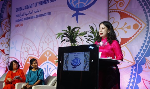 Phó Chủ tịch nước Võ Thị Ánh Xuân phát biểu tại lễ khai mạc Hội nghị Thượng đỉnh phụ nữ toàn cầu 2023. Ảnh: Bộ Ngoại giao
