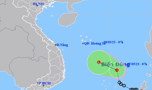 Cập nhật vị trí và đường đi của áp thấp nhiệt đới hồi 7h ngày 7.5. Ảnh: Trung tâm Dự báo Khí tượng Thủy văn Quốc gia.