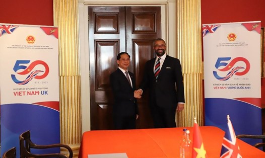 Bộ trưởng Ngoại giao Bùi Thanh Sơn (trái) và Ngoại trưởng Anh James Cleverly. Ảnh: BNG