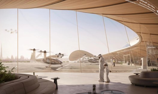 Thiết kế bên trong sân bay "vertiport" ở Dubai. Ảnh: Foster + Partners
