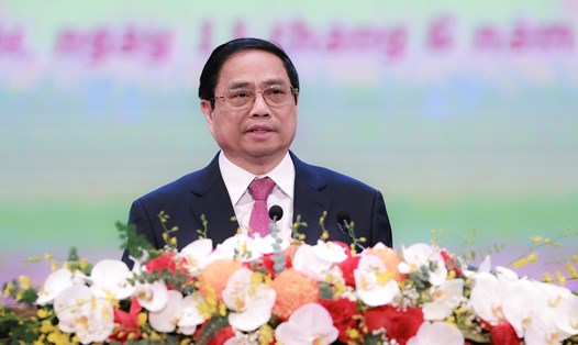 Thủ tướng Phạm Minh Chính phát biểu tại Hội nghị tôn vinh điển hình tiên tiến toàn quốc. Ảnh: Hải Nguyễn