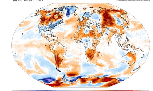 Bản đồ dị thường nhiệt độ cho thấy nhiệt độ nóng hơn bình thường trên các vùng của châu Á, ngày 8.6.2023. Ảnh: Climate Reanalyzer