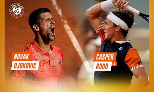 Novak Djokovic vs Casper Ruud sẽ đối đầu trong trận chung kết. Ảnh: Roland Garros. 