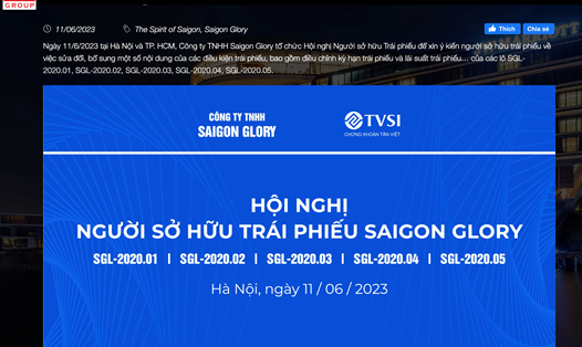 Thông báo của Bitexco về việc Saigon Glory tổ chức Hội nghị người sở hữu trái phiếu. Ảnh: Chụp màn hình.