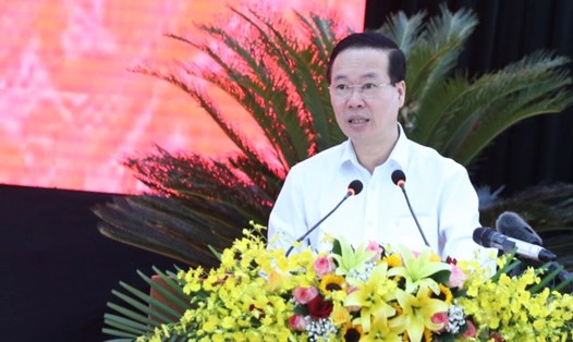 Chủ tịch nước Võ Văn Thưởng phát biểu tại buổi làm việc với Tỉnh ủy Ninh Thuận. Ảnh: Hữu Long