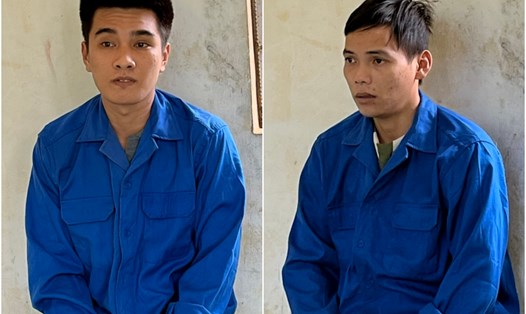 Trần Hoàng Tú (trái), Lê Quang Minh (phải) bị công an huyện Long Hồ bắt giữ về hành vi "cướp giật tài sản"
