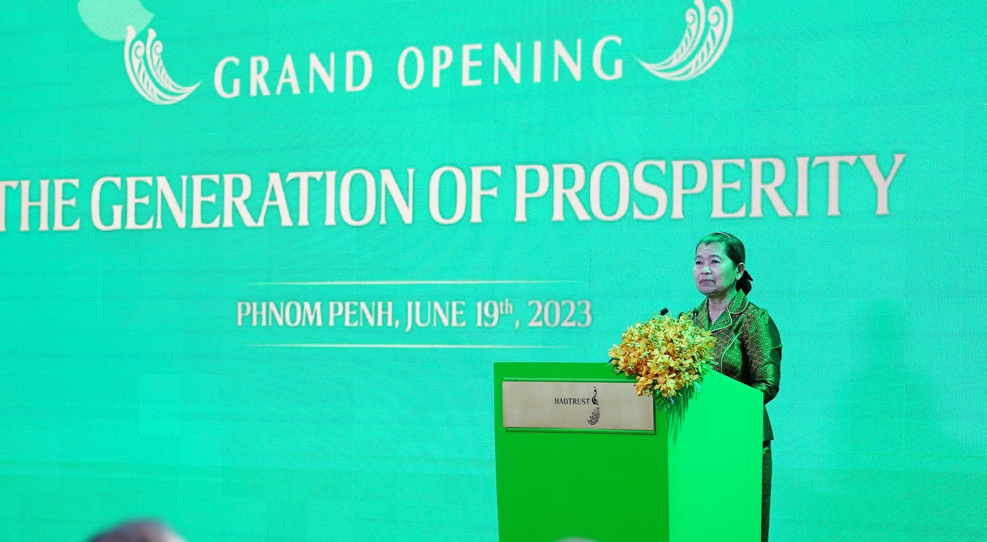Phó Thủ tướng Vương quốc Campuchia Samdech Kittisangahapundit Men Sam An phát biểu tại sự kiện. Nguồn: ODE