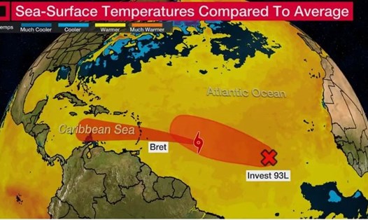 Áp thấp nhiệt đới tiếp sau bão Bret đang hình thành tại vùng nhiễu động nhiệt đới Invest 93L ở Đại Tây Dương. Ảnh chụp màn hình