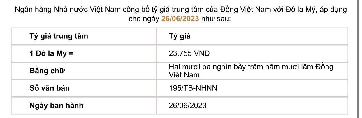 Tỷ giá trung tâm do Ngân hàng Nhà nước công bố