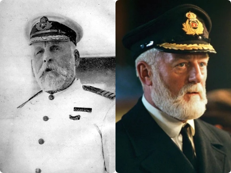 Thuyền trưởng của tàu Titanic: Ông Edward Smith thực tế (ảnh trái) và nhân vật trong phim (ảnh phải). Ảnh: Chụp màn hình