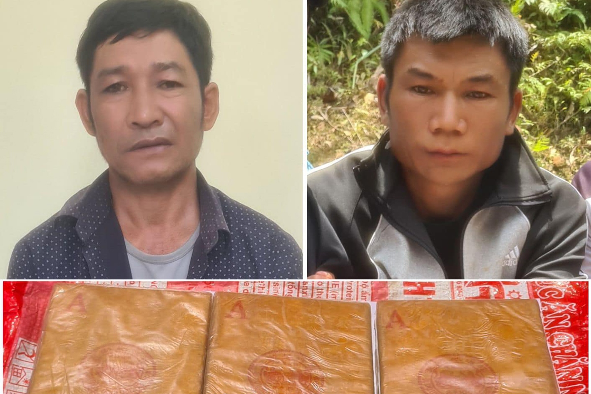  Hai đối tượng Lỳ Go Hừ và Chang Che Xá bị Công an Lai Châu bắt giữ cùng tang vật 3 bánh heroin ngày 16.6.2023. Ảnh: CACC