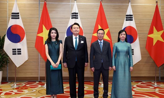Chủ tịch nước Võ Văn Thưởng và Phu nhân chủ trì tiệc chiêu đãi trọng thể chào mừng Tổng thống Hàn Quốc Yoon Suk Yeol và Phu nhân. Ảnh: Hải Nguyễn