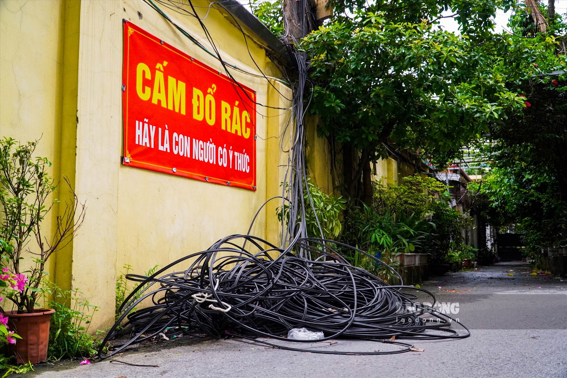  Theo ghi nhận, thời gian gần đây, tại Ngõ 5 phố Huỳnh Thúc Kháng (quận Đống Đa, Hà Nội) xuất hiện “núi” dây điện, dây cáp viễn thông nằm chắn ngang lối đi của người dân.