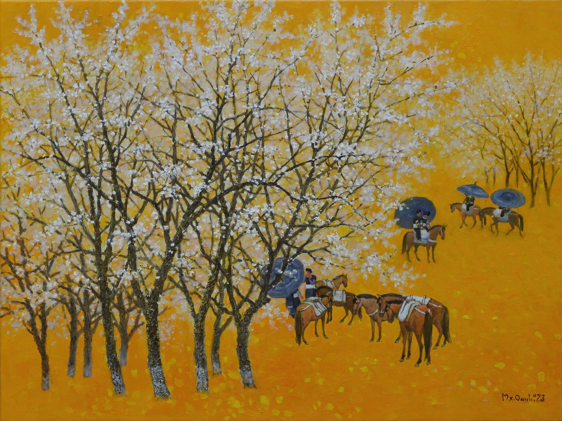 Họa sĩ Mai Xuân Oanh tham gia với tác phẩm Xuân cao nguyên với phong cảnh hoa xuân vùng cao Tây Bắc.  