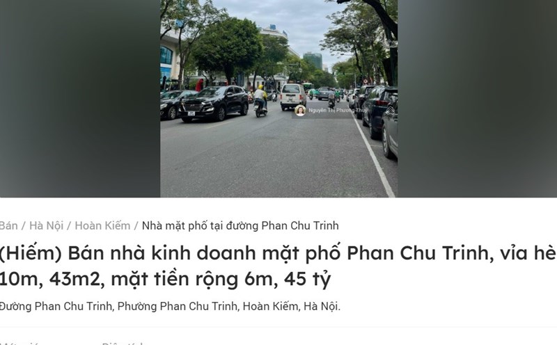 Giá rao bán nhà trên phố rơi vào 1 tỉ đồng/m2. Ảnh: Chụp màn hình.