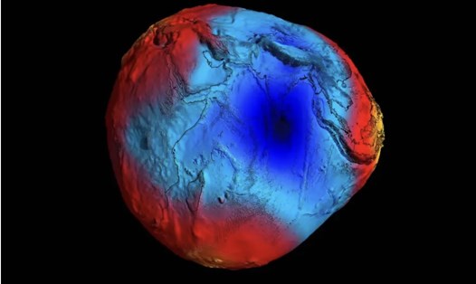 Bản đồ trọng lực của Trái đất. Những vị trí màu xanh là những nơi thấp nhất và đỏ là cao hơn. Ảnh: Cơ quan Vũ trụ châu Âu
