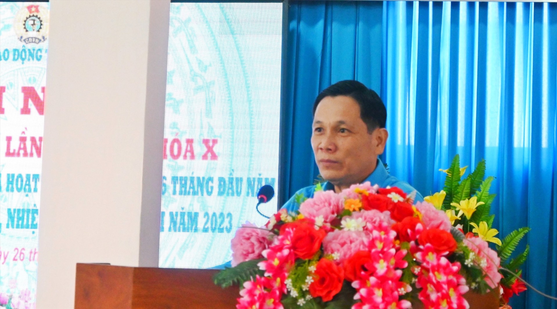 Ông Lê Minh Hùng - Chủ tịch LĐLĐ tỉnh Tiền Giang - phát biểu tại hội nghị. Ảnh: Thành Nhân