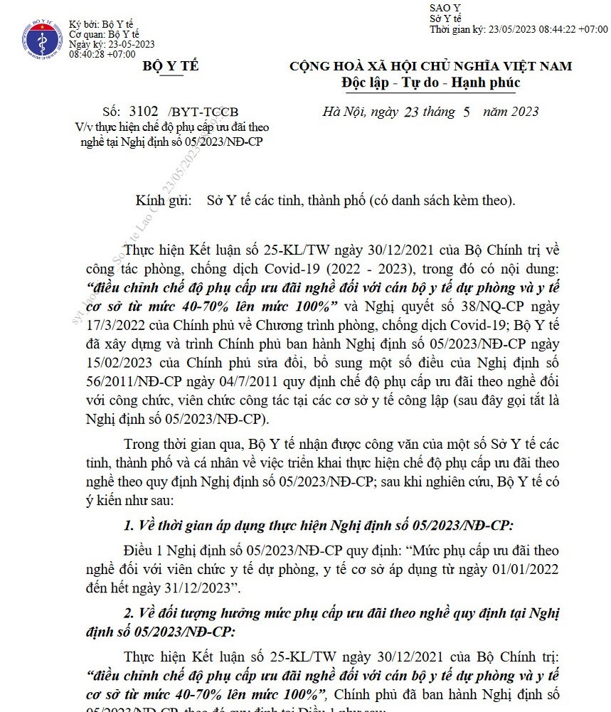 Văn bản của Bộ Y tế trả lời, hướng dẫn các Sở Y tế về những vướng mắc trong quá trình thực hiện Nghị định 05/2023. Ảnh: Quang Đại