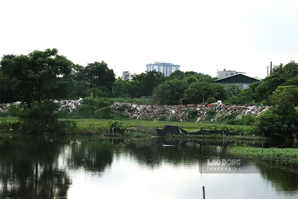 Phế thải đổ xung quanh bờ ao, chất lên thành đống cao.