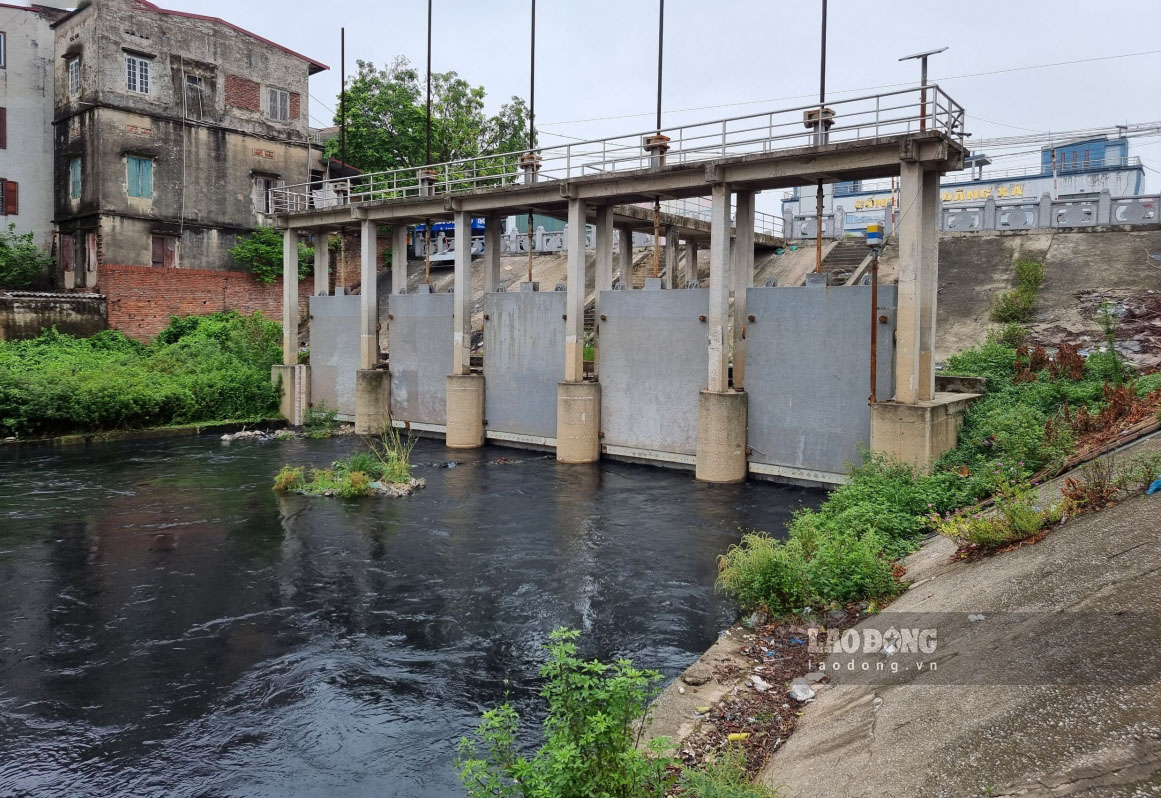 Nước thải từ cống tiêu Vạn An đổ thẳng ra sông Cầu, cuối tháng 6.2023. Ảnh: Vân Trường