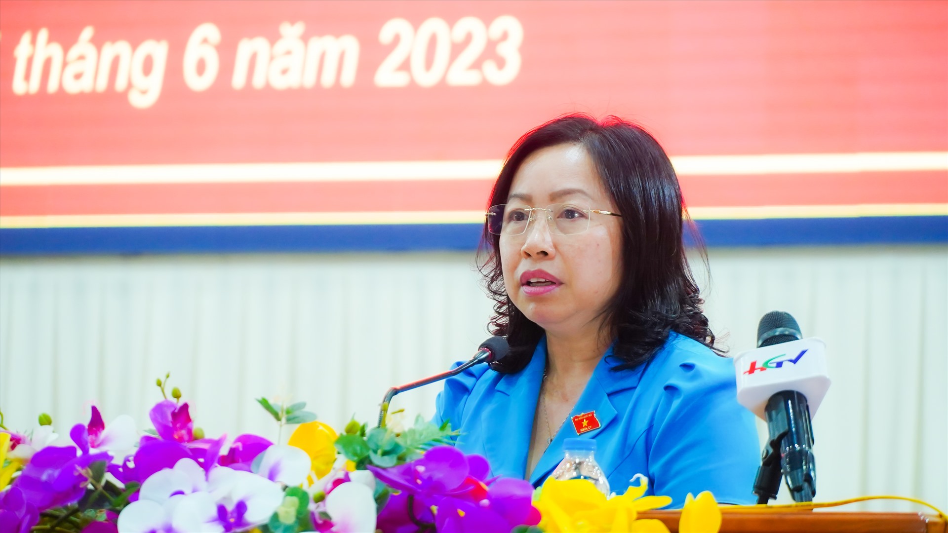 Phó Chủ tịch Tổng LĐLĐ Việt Nam Thái Thu Xương phát biểu tại buổi tiếp xúc. Ảnh: Tạ Quang