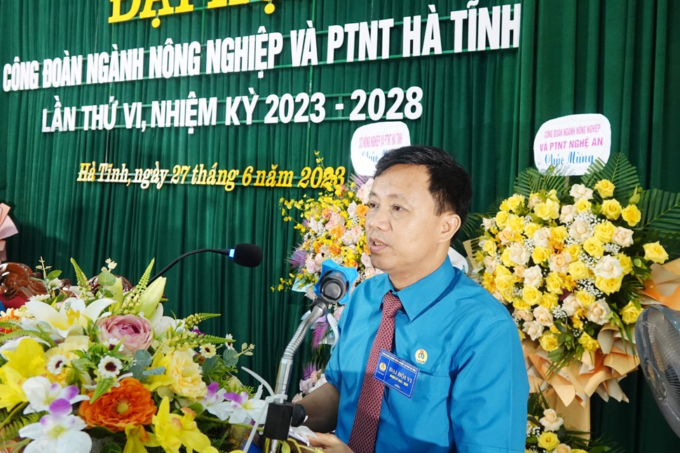 Ông Nguyễn Văn Danh - Chủ tịch Liên đoàn Lao động tỉnh Hà Tĩnh phát biểu tại Đại hội. Ảnh: Trần Tuấn.