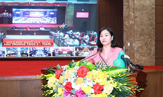 Phó Bí thư Thường trực Thành ủy Hà Nội Nguyễn Thị Tuyến phát biểu kết luận hội nghị. Ảnh: Hanoi.gov