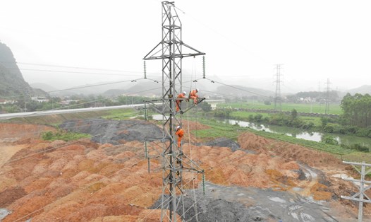 Kiểm tra đường dây lưới điện tại thôn Đá Trắng, xã Thống Nhất, TP.Hạ Long. Ảnh: Hoàng Nga