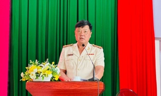 Thượng tá Nguyễn Đình Dương được bổ nhiệm giữ chức Trưởng Công an TP Thủ Đức phát biểu sau khi nhận nhiệm vụ. Ảnh: Bộ Công an