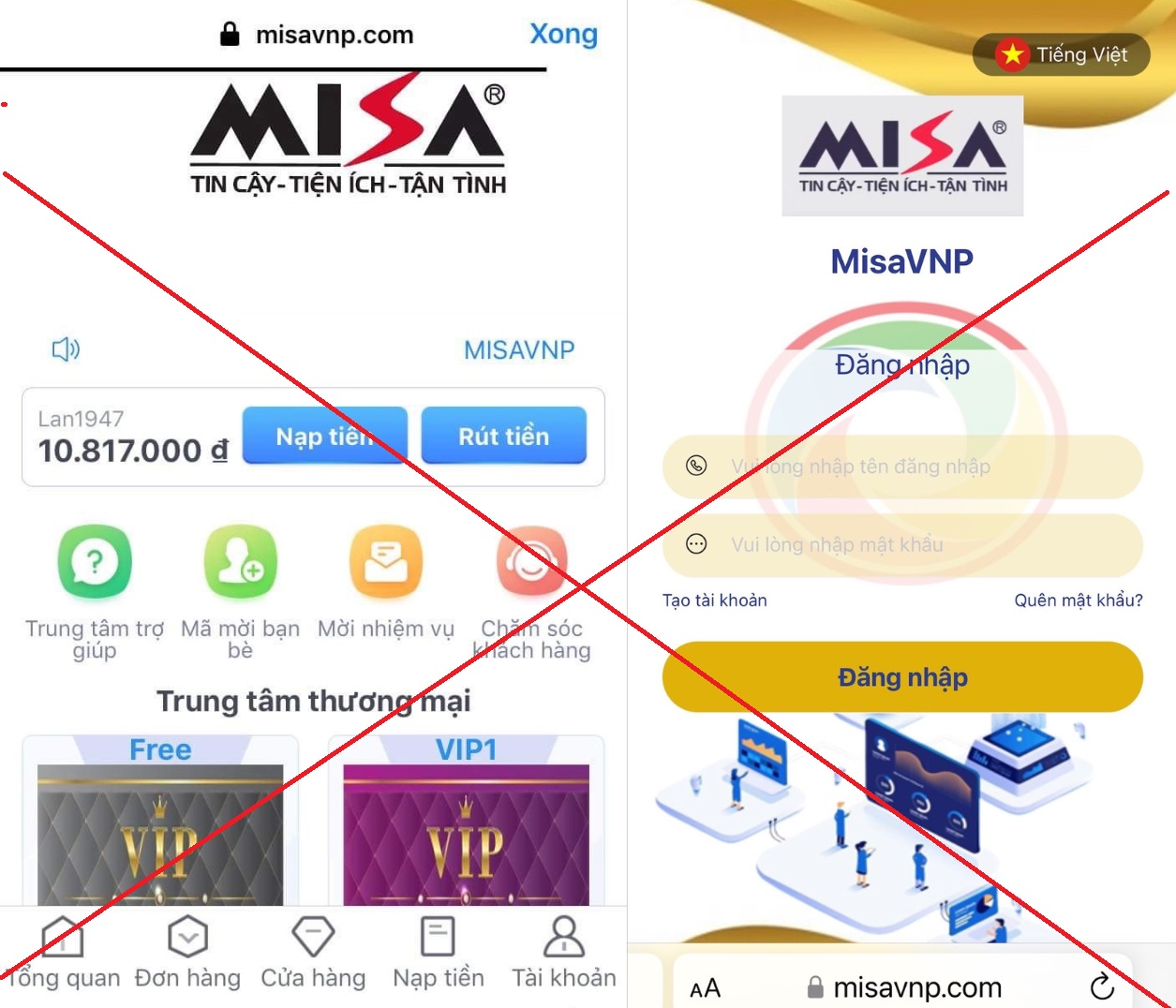 Hình ảnh website giả mạo MISA yêu cầu khách hàng nạp tiền lên hệ thống nhằm lừa đảo chiếm đoạt tài sản. Ảnh: Vân Trường