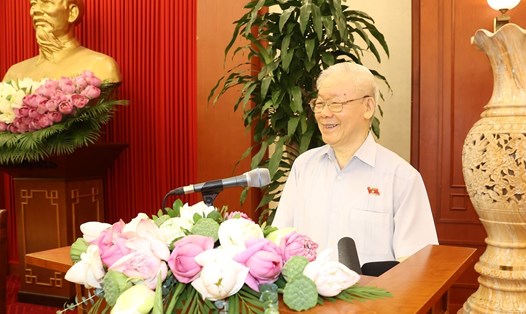 Tổng Bí thư Nguyễn Phú Trọng phát biểu tại cuộc gặp mặt. Ảnh: Trí Dũng/TTXVN