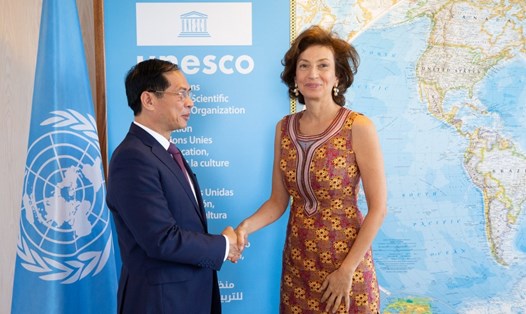 Bộ trưởng Ngoại giao Bùi Thanh Sơn gặp Tổng Giám đốc UNESCO Audrey Azoulay. Ảnh: UNESCO