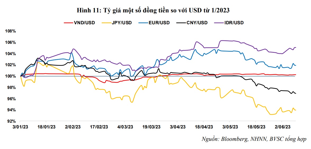 Tỷ giá VND và một số đồng tiền so với USD từ đầu năm 2023. Ảnh: BVSC