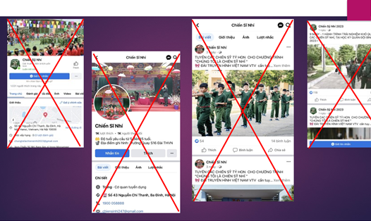 Nhiều fanpage “Chiến sĩ Nhí”, “Chiến Sỹ Nhí Năm 2023” đăng tải các nội dung "Tuyển các chiến sỹ tí hon cho chương trình Chúng tôi là chiến sĩ nhí - Đài Truyền hình Việt Nam - VTV". Ảnh: Công an Hà Nội