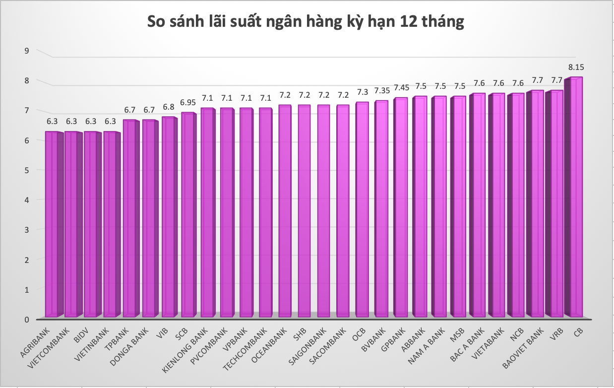 So sánh lãi suất ngân hàng cao nhất ở kỳ hạn 12 tháng. Đồ hoạ Trà My