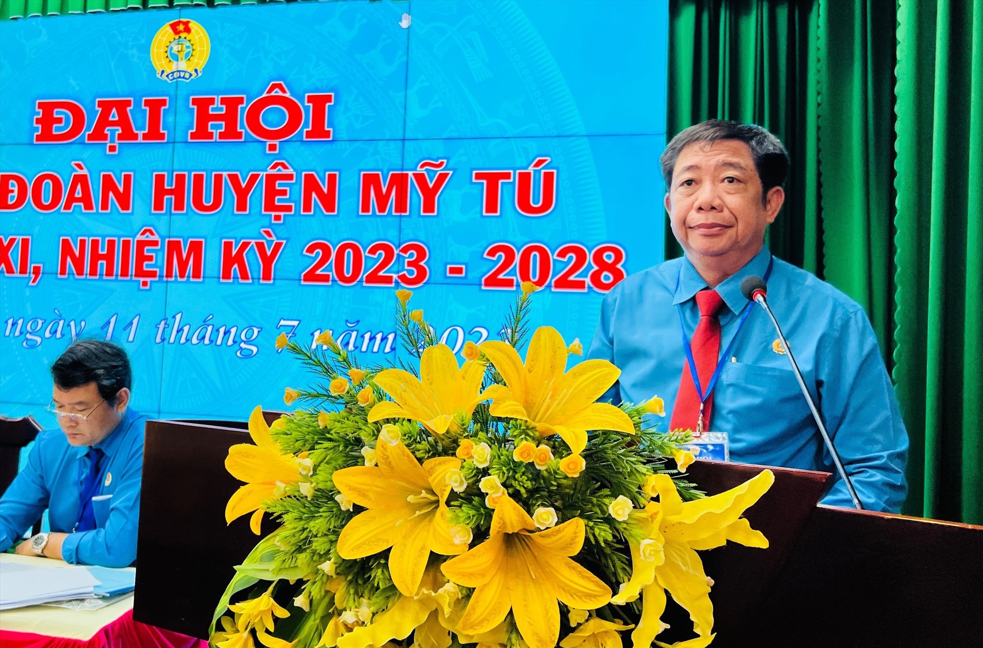 Chủ tịch Liên đoàn Lao động tỉnh Sóc Trăng Nguyễn Thanh Sơn phát biểu chỉ đạo Đại hội. Ảnh: Anh Khoa