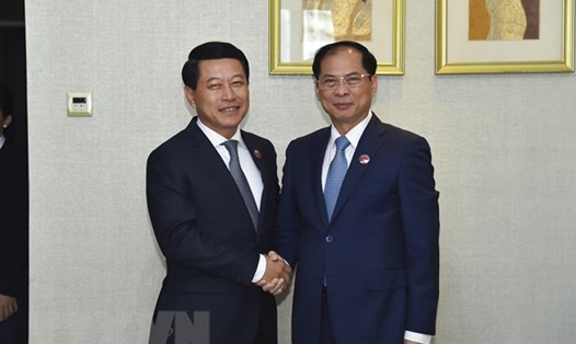 Bộ trưởng Bộ Ngoại giao Bùi Thanh Sơn (phải) và Phó Thủ tướng, Bộ trưởng Ngoại giao Lào Saleumxay Kommasith. Ảnh: TTXVN